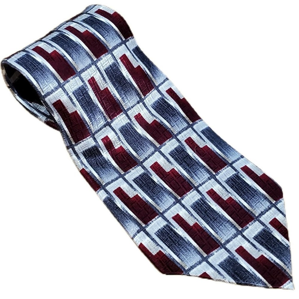 Pierre Cardin Mens Geometric Abstract Necktie Burgundy Grey White Woven Silk Tie